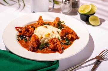 Bowl of steaming, freshly cooked rice accompanied by shrimp in tomato sauce