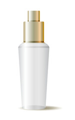 Bottles with spray, dispenser and dropper, cream jar, tube. Cosmetic package.