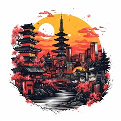 Asian Temple Tokyo Clip Art or T-Shirt Design