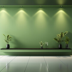 light green walll with interior and built-in lighting, smooth floor backround, green, wall texture, liight green background, room design, presentation, Generative Ai 
