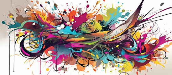 Creative abstract banner with chaotic paint strokes. AI generated. Colored background.