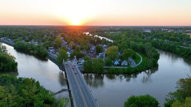 Boom up aerial shot of Fort Waynes three rivers intersecting