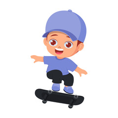 Cute boy playing skateboard with happy face