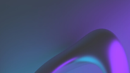 Neon glow highlights on dark curved ring. Glossy abstract 3d shape render. Lighted metallic texture element. Futuristic blue purple violet gradient background 8k 16:9 for cover, presentation, banner