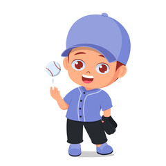 Cute boy preparing to throw baseball ball with enthusiastic face