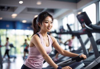 Fototapeta premium Happy beautiful attractive asian women working out on treadmill