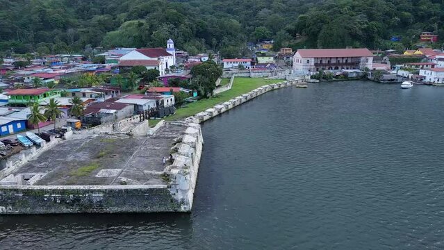 Aerial of the old buildings and fortifications of Portobelo in Panama