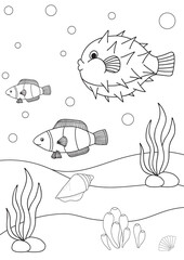 Cute cartoon fish. Coloring book or page for kids. Marine life
