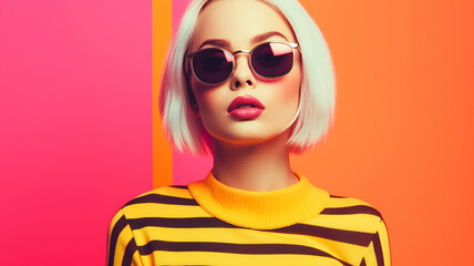 Fototapeta na wymiar Glamor girl with glasses on neon light background