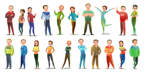 Set of sports characters. Boys and girls in sportswear. Different tempers. Funny cartoon style. object isolated on white background. Vector