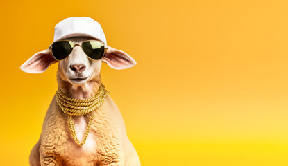 Funny sheep posing as hip hop or rap superstar - baseball cap, dark sunglasses, golden chain. Generative AI - obrazy, fototapety, plakaty