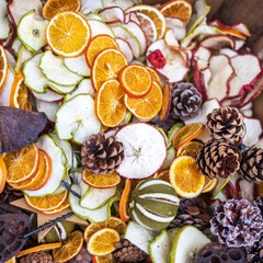 dried slices of orange, citrus fruits, lotus, apples for flavoring and decorating the interior