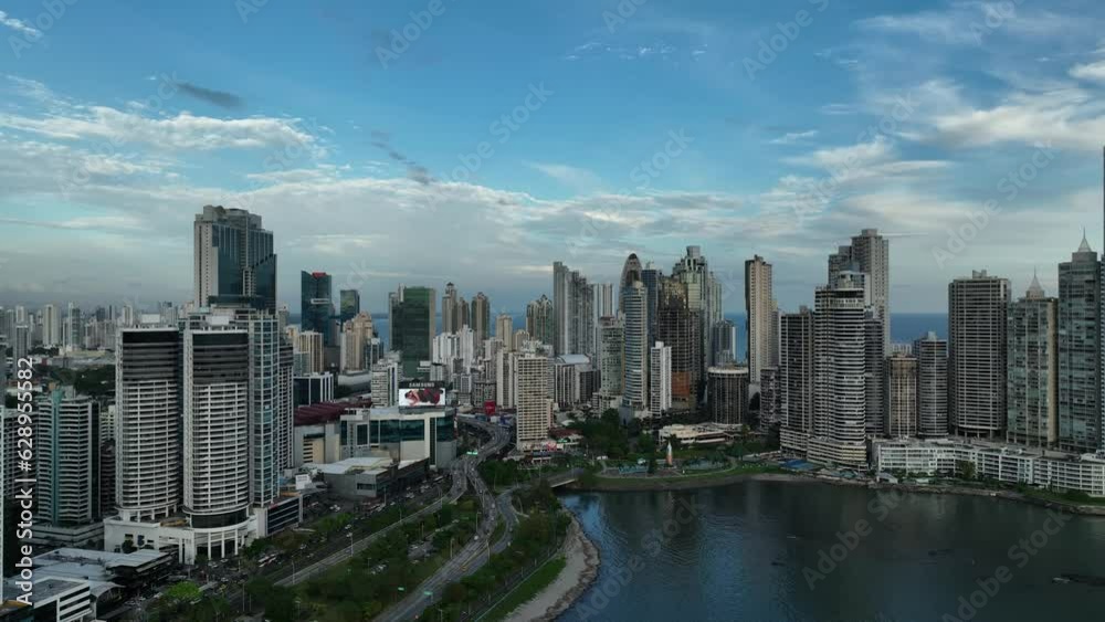 Wall mural Drone shot of skyline of Panama City (The Capital City of Panama) on a sunny day