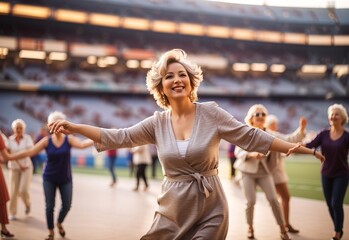 happy beautiful mature happy women dancing with blurred stadium filled with person