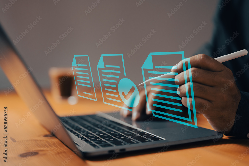 Poster the businessman uses a laptop with electronic document icons, embracing e-document management, onlin