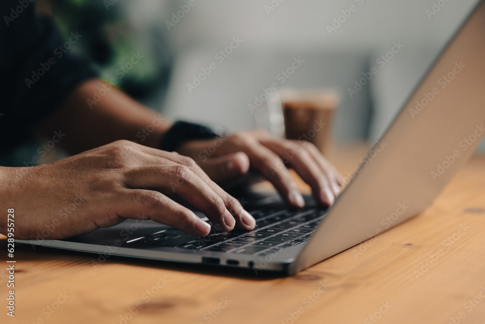 Poster Man with laptop for multitasking and connecting wifi to internet