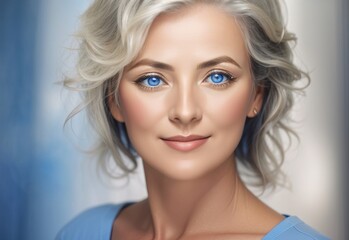 Happy beautiful mature women blue eyes with blurred studio shot