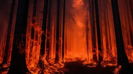 Obraz premium Intense flames from a massive forest fire. Flames light up the night as they rage thru pine forests and sage brush