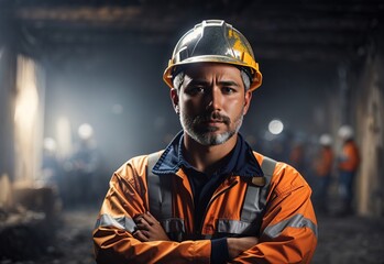 Fototapeta premium Man miners wear head protection standing confident with crossed hands blurred background
