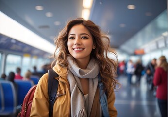Very happy beautiful woman at airport get off the bus