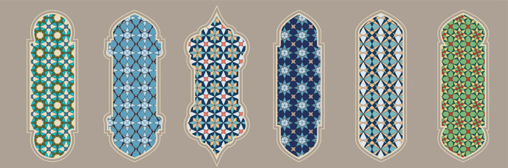 Islamic window shape with color mashrabiya pattern. Arabic door frame. Islamic arhitecture elements of window and door and color mashrabiya pattern.