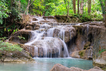 Beautiful Huay Maekamin Waterfall Erawan National Park in Thailand.
