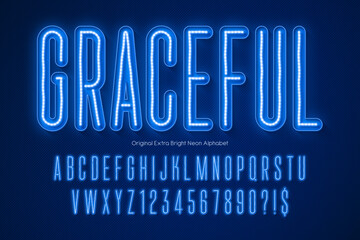 Neon light 3d alphabet, retro-futuristic original type.