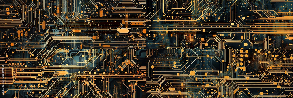 Wall mural high tech computer circuit, close up view image, captured in frames with a 10:3 ratio, offering an i