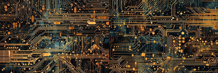 high tech computer circuit, close up view image, captured in frames with a 10:3 ratio, offering an ideal choice for website banner backgrounds.   Generative AI