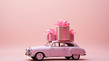 pink car with gift on her roof 