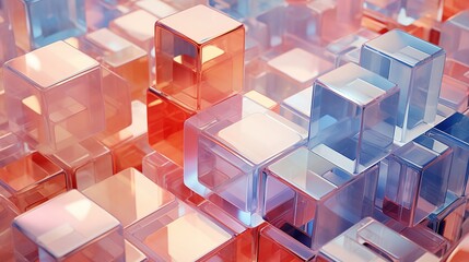 Many glass or plastic cubes are stacked on top of each other. Abstract geometric art with blocks. Background for something creative, rising or growing. Illustration for banner, poster, cover, brochure