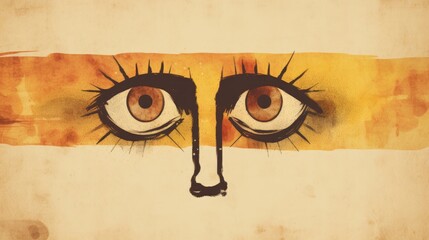 Artistic primitive sketch of face parts, nose and eyes on abstract background with a yellow wide stripe. Illustration with a simple composition for printing.