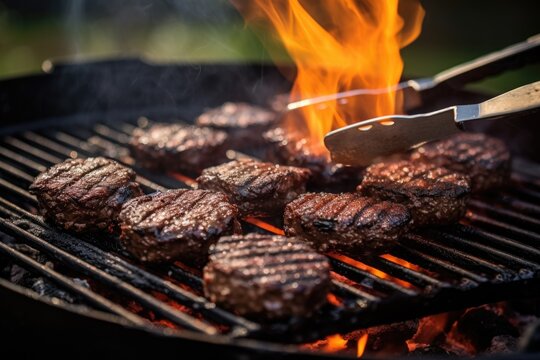 Tongs Flipping Juicy Burger Patties On The Grill