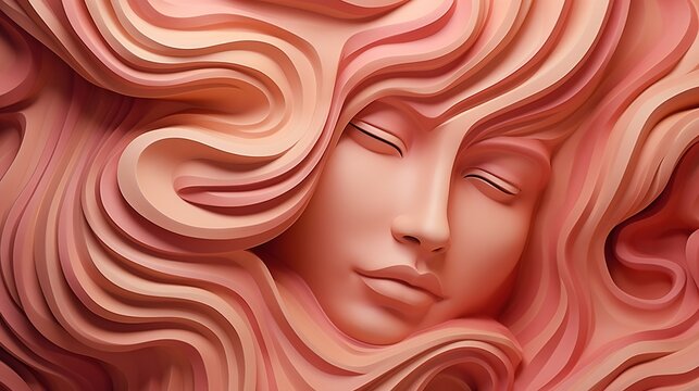 Composition of pink marble. Beautiful girl sleeps on a wavy background. Wall design bas-relief with stucco mouldings. Plaster texture. Illustration for cover, postcard, interior design, decor or print