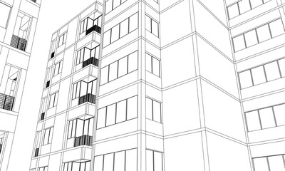 Vector illustration of a drawing sketch of the residential building facade