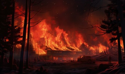 The house engulfed in flames amidst a forest fire.