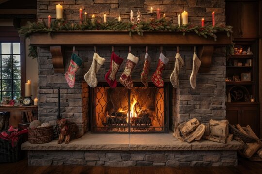 Fireplace With Holiday Stockings Hung On The Mantle