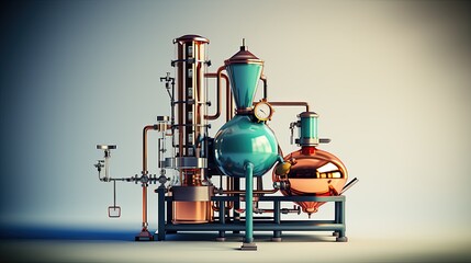 AI-generated illustration of distillation equipment - a metaphor for AI, machine learning and generative AI's huge input, convoluted processing and output of an entirely new essence. MidJourney.