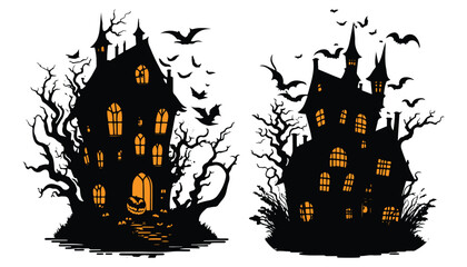 Happy Halloween Scary Ghost House with bats Vector Illustration, Halloween night scary house illustration
