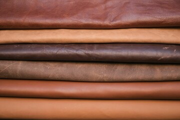 Array of leather fabric samples in different shades neatly placed on a table, ready to be crafted