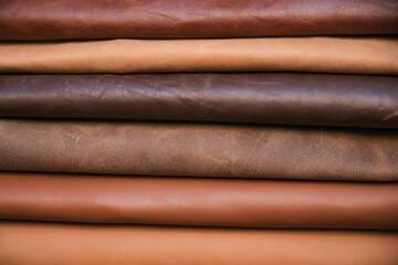 Array of leather fabric samples in different shades neatly placed on a table, ready to be crafted