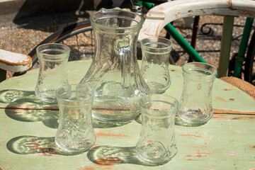 glass decanter and glasses vintage on garage sale.