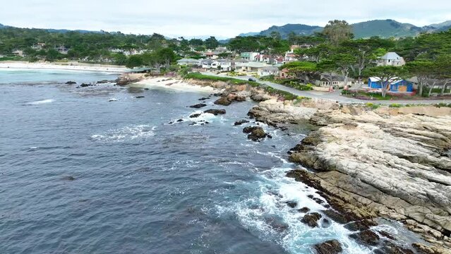 Aerial Frank Lloyd Wright famous architect of Clinton Walker House at Caramel Beach with shoreline