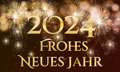 Karte oder Banner, um ein frohes neues Jahr 2024 in Gold auf braunem Hintergrund mit goldfarbenem Feuerwerk im Bokeh-Effekt zu wünschen