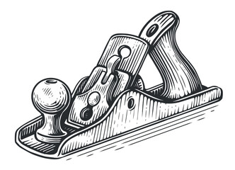 Old planer, Shaving tool for woodwork. Woodworking, carpentry Sketch vintage vector illustration - obrazy, fototapety, plakaty