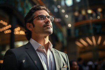 Fototapeta premium Confident wealthy businessman executive standing in the modern big city looking and dreaming of future business success. think of a new goal business vision and leadership concept