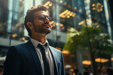 Confident wealthy businessman executive standing in the modern big city looking and dreaming of future business success. think of a new goal business vision and leadership concept
