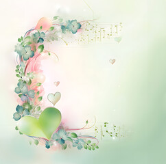 Abstract softly bright and gradient green background with butterflies, pastel flower, romantic hearts and musical notes