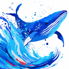 Blue whale swimming in the sea. Vector illustration on white background.