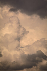large white-gray clouds illuminated by the orange setting sun